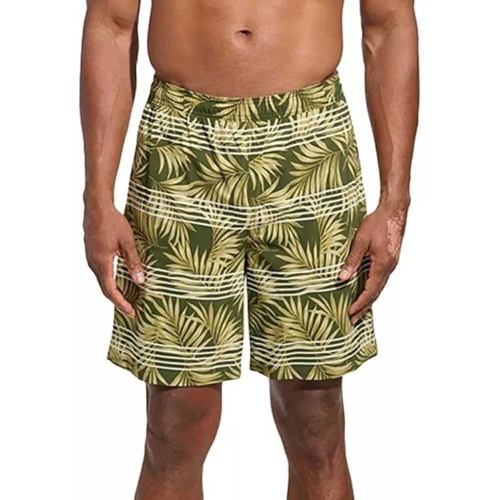 NWT Kirkland Signature Tropical Palm Swim Shorts Men's M Green Stretch Fabric